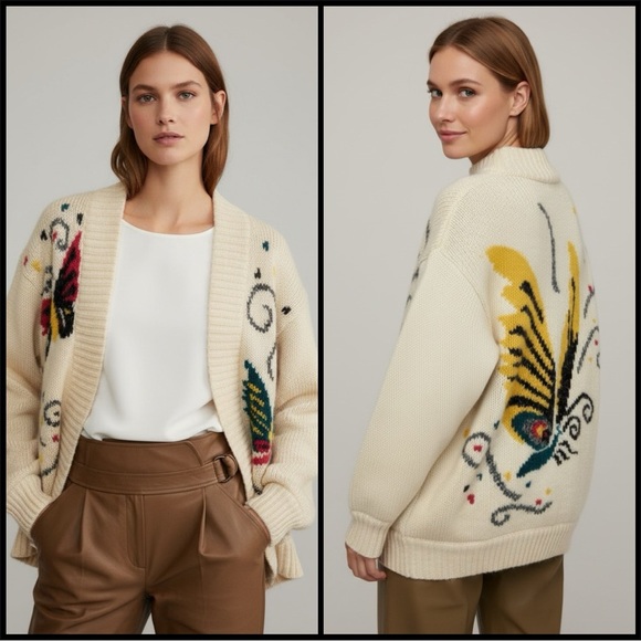 Vintage Sweaters - Vtg RARE UNO & UNA Butterfly Knit Cardigan Sweater Cream Wool Blend